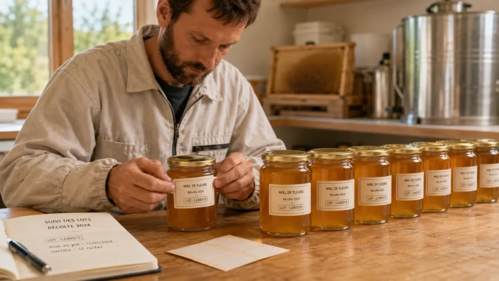 Étiquetage du miel : comment bien étiqueter ses pots en 2026 ? Apiculteur étiquetant plusieurs pots de miel avec un numéro de lot pour assurer la traçabilité de la récolte.