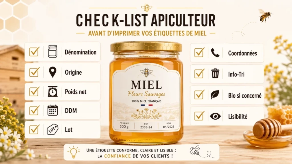 Étiquetage du miel : comment bien étiqueter ses pots en 2026 ? Checklist visuelle des mentions à vérifier avant d’imprimer une étiquette de pot de miel.