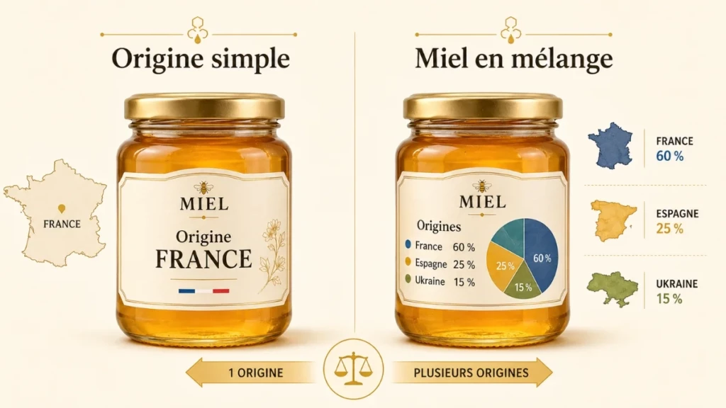 Étiquetage du miel : comment bien étiqueter ses pots en 2026 ? Comparaison visuelle entre un miel d’origine France et un miel en mélange avec plusieurs pays d’origine indiqués en pourcentage.