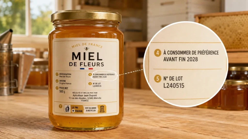 Étiquetage du miel : comment bien étiqueter ses pots en 2026 ? Exemple de date de durabilité minimale affichée sur une étiquette de pot de miel.