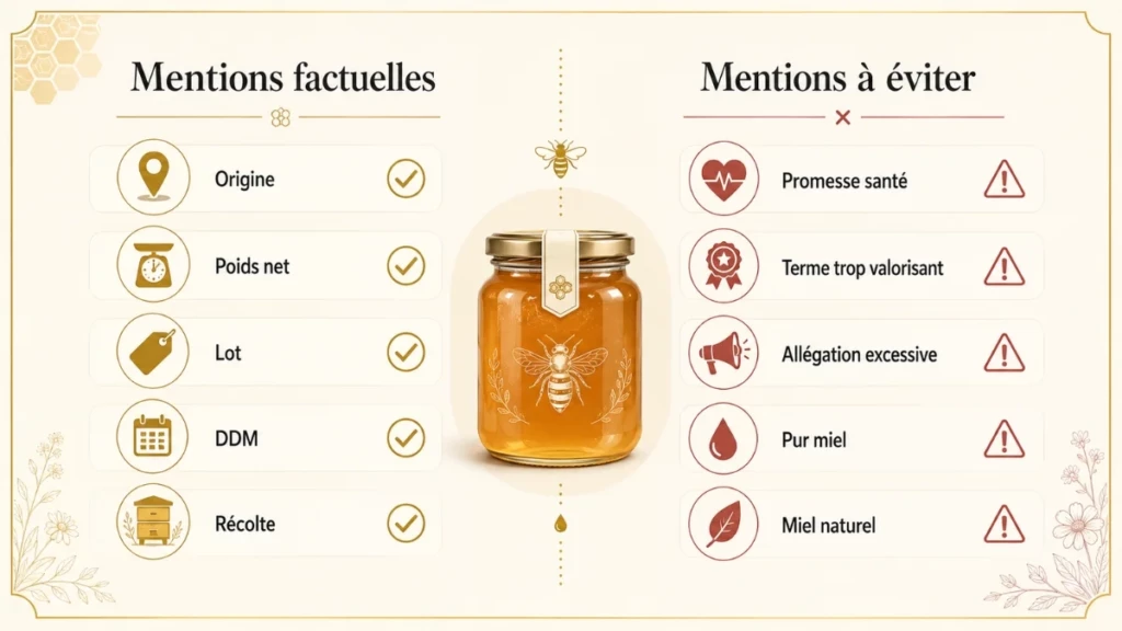Étiquetage du miel : comment bien étiqueter ses pots en 2026 ? Infographie comparant les mentions factuelles autorisées et les mentions à éviter sur une étiquette de miel.