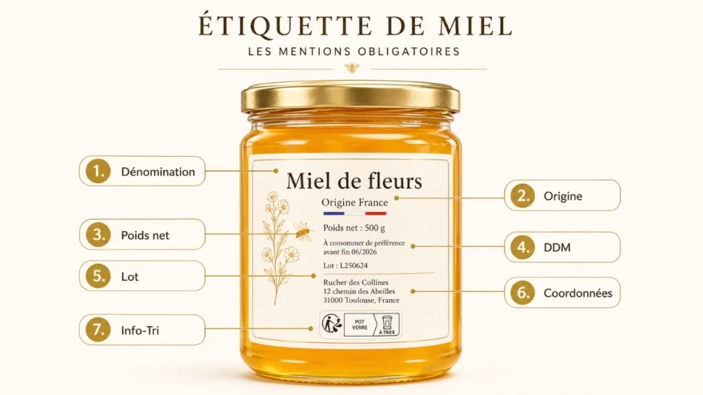 Étiquetage du miel : comment bien étiqueter ses pots en 2026 ? Infographie montrant les principales mentions obligatoires à placer sur une étiquette de pot de miel.