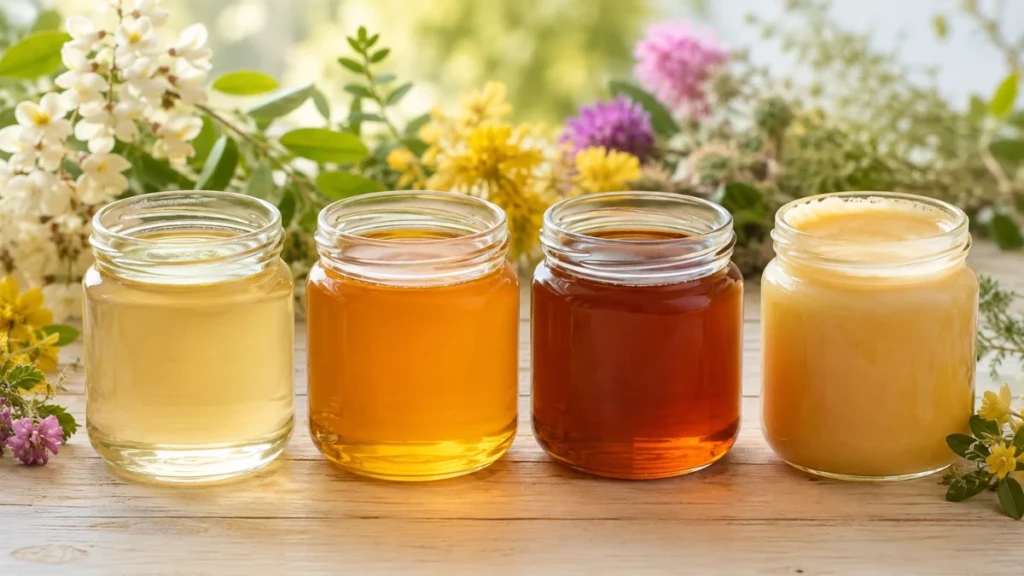 Étiquetage du miel : comment bien étiqueter ses pots en 2026 ? Plusieurs pots de miel aux couleurs différentes représentant des origines florales variées comme acacia, fleurs ou châtaignier.
