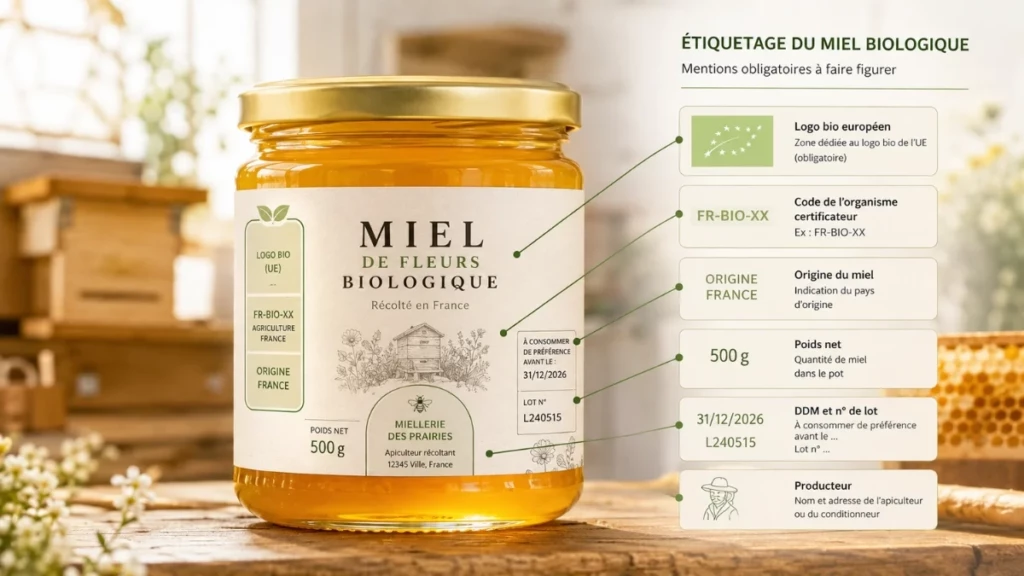 Étiquetage du miel : comment bien étiqueter ses pots en 2026 ? Pot de miel bio avec les emplacements visuels pour le logo bio européen, le code certificateur et l’origine du miel.