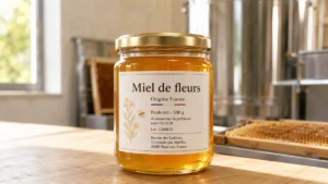 Pot de miel en verre avec une étiquette claire indiquant les informations essentielles pour l’étiquetage réglementaire du miel