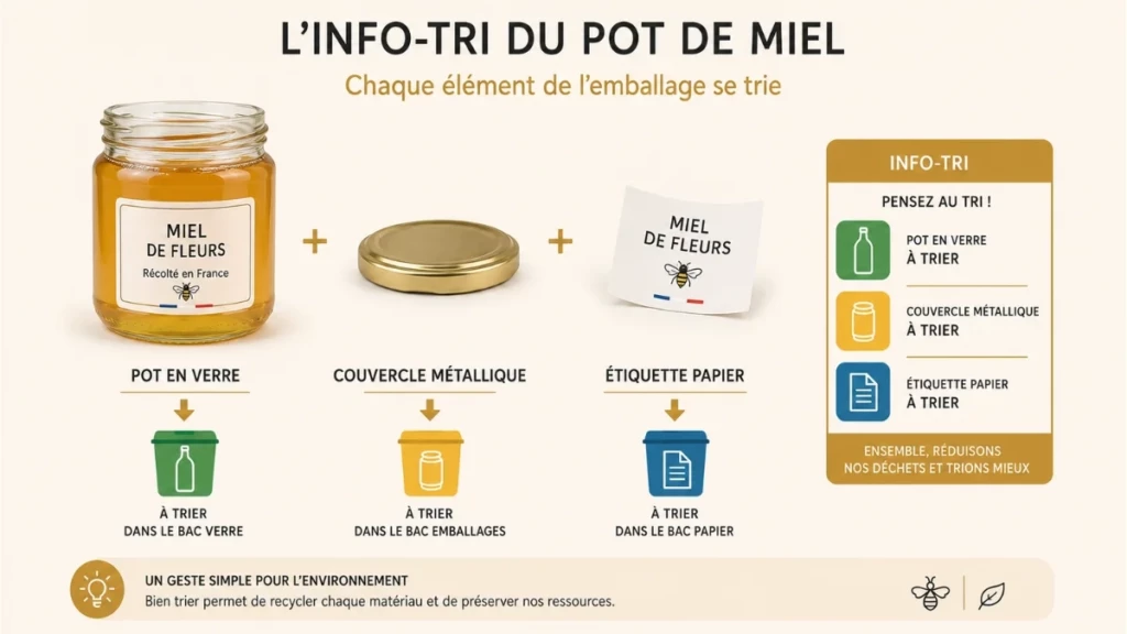 Étiquetage du miel : comment bien étiqueter ses pots en 2026 ? Schéma expliquant le tri du pot de miel, du couvercle métallique et de l’étiquette papier grâce à l’Info-Tri.