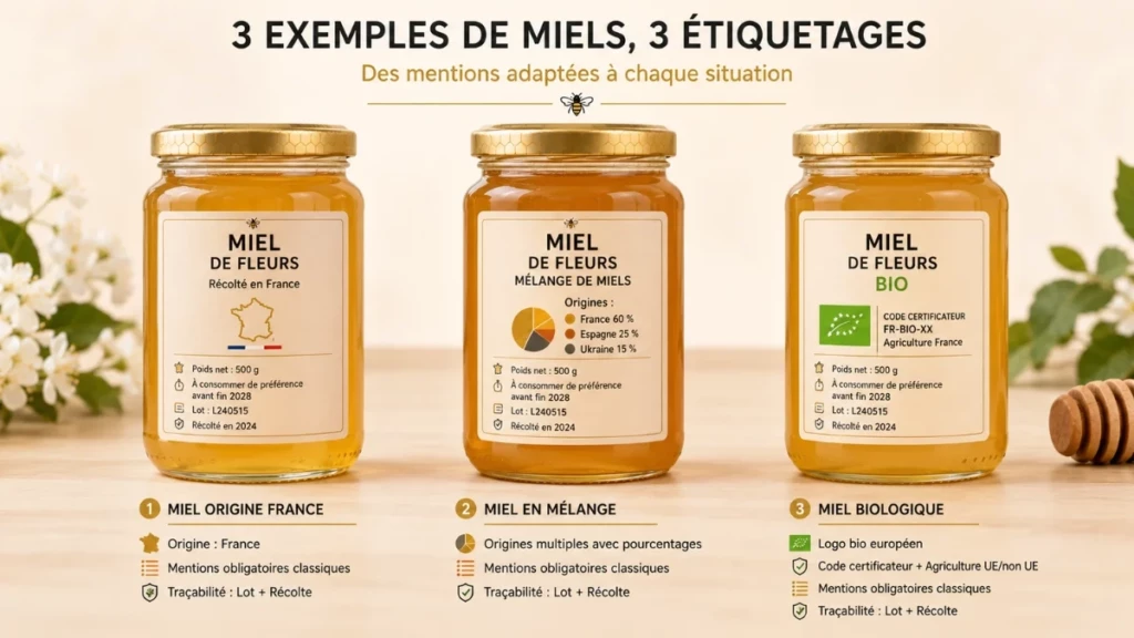 Étiquetage du miel : comment bien étiqueter ses pots en 2026 ? Trois pots de miel illustrant les différences d’étiquetage entre un miel origine France, un miel en mélange et un miel bio.