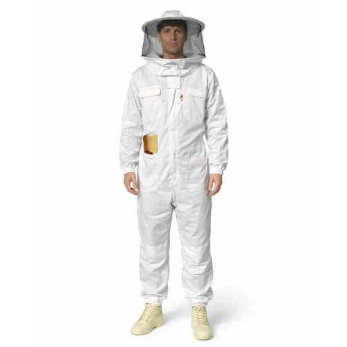 Vue de face combinaison apiculture blanche intégrale avec voile chapeau rond