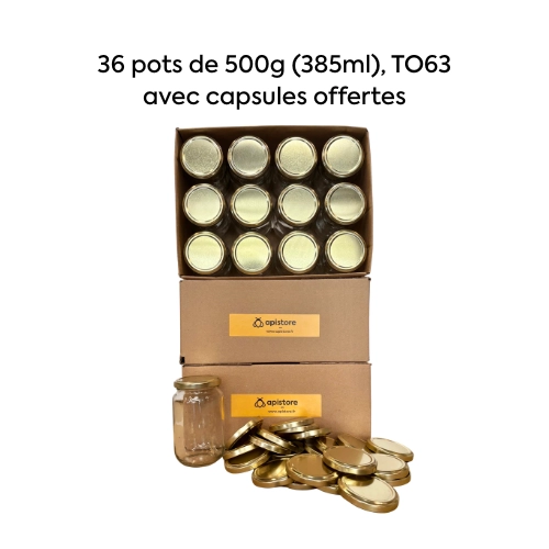 Pot en verre 500g (385ml), pack de 36, avec capsules or