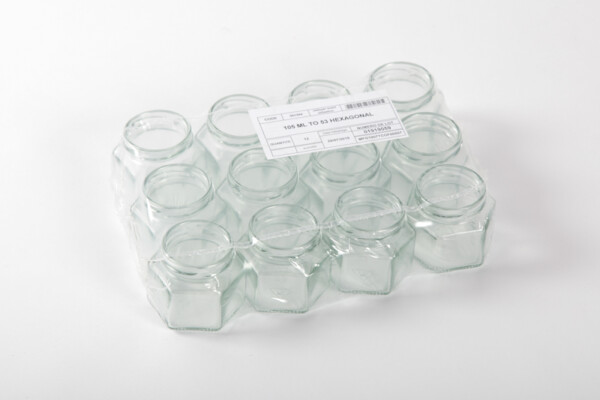 Pot en verre 105ml, TO53 hexagonal, le pack de 12