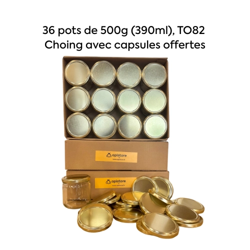 Pot en verre 500g (390ml) TO82 Chonig, pack de 36 avec capsules or