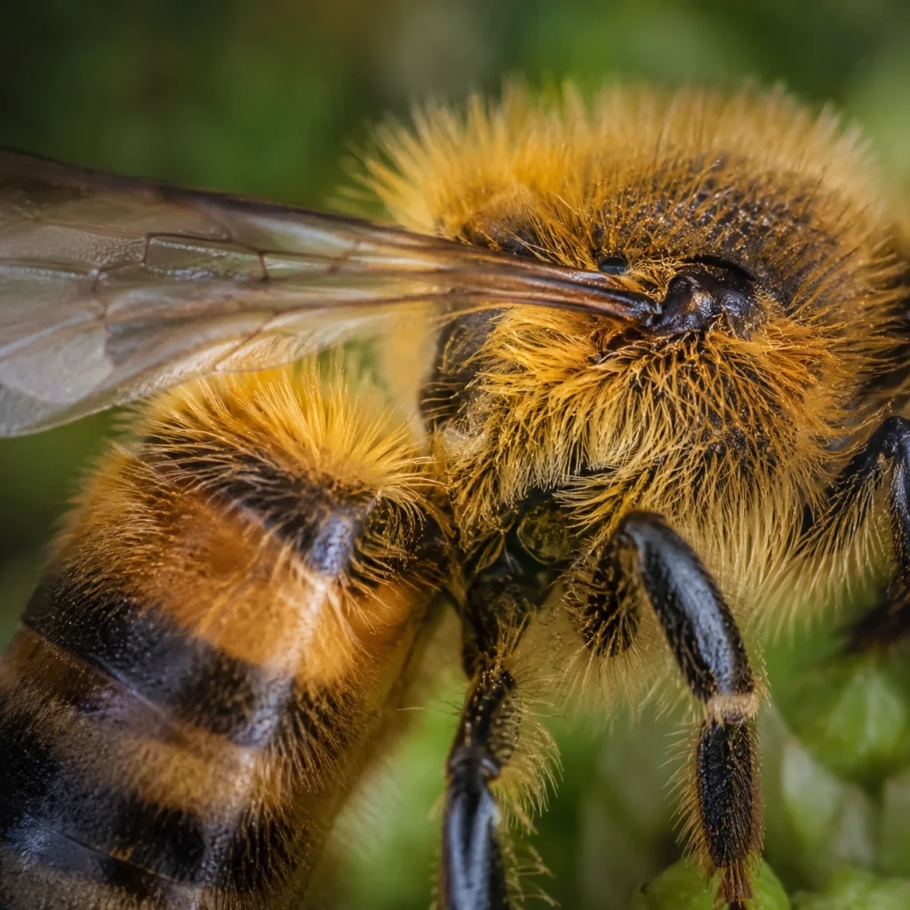 Guêpe ou abeille : comment les différencier facilement ? Gros plan corps velu d'une abeille domestique montrant la pilosité dense caractéristique
