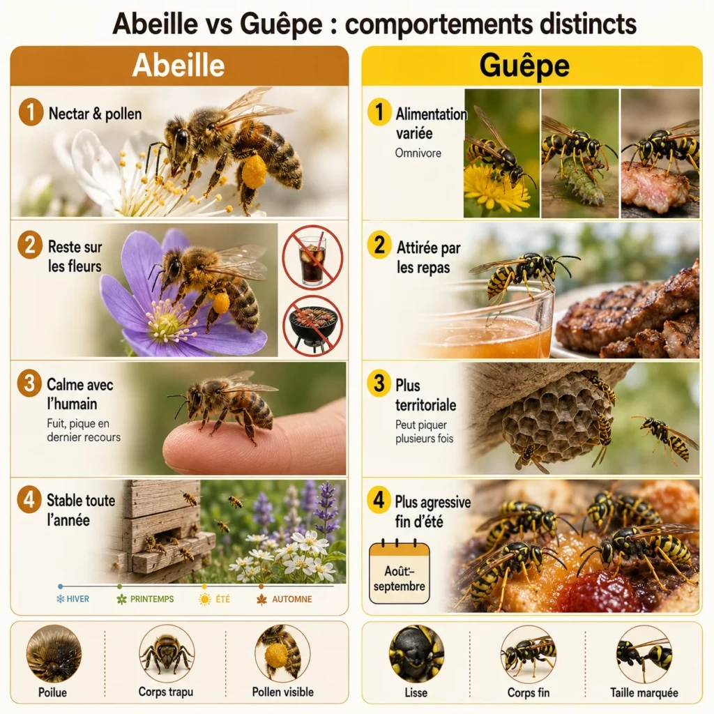 Guêpe ou abeille : comment les différencier facilement ? Différences de comportement entre guêpes et abeilles : alimentation, agressivité et rapport aux humains