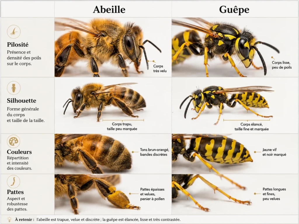 Guêpe ou abeille : comment les différencier facilement ? Tableau comparatif guêpe abeille : différences de pilosité, silhouette, couleurs et pattes avec photos