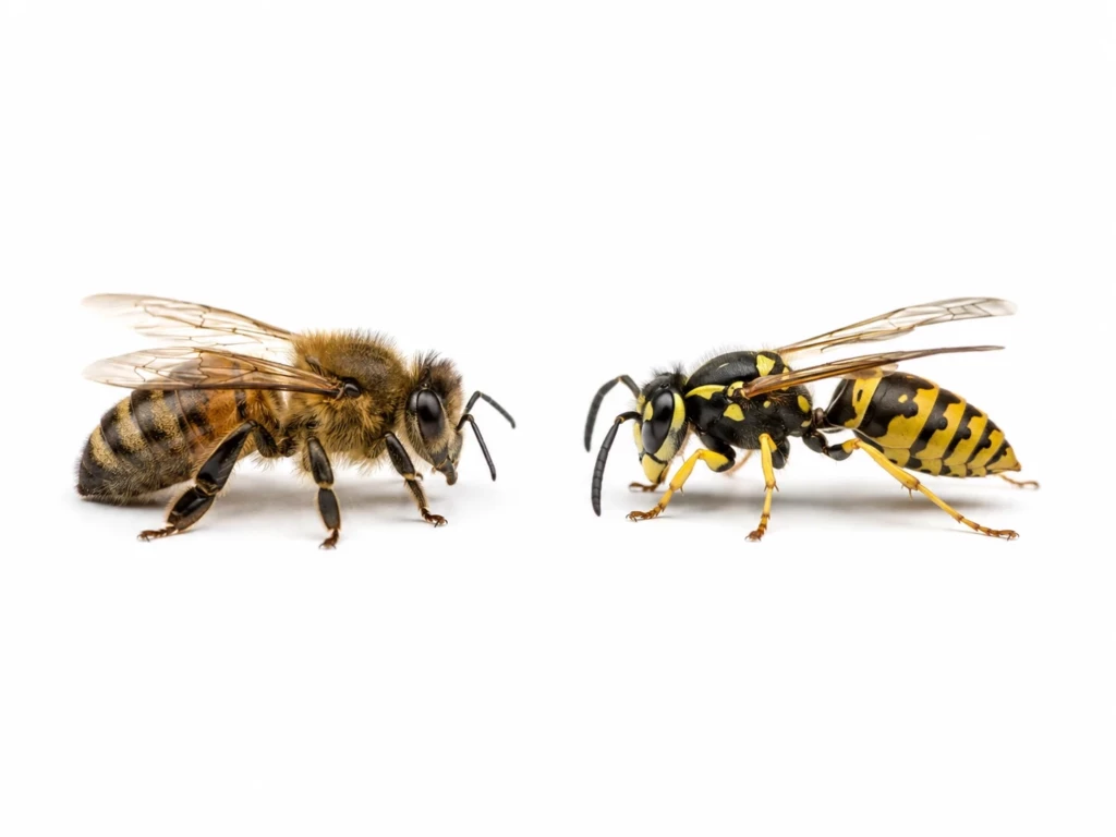 Guêpe ou abeille : comment les différencier facilement ? Différence entre guêpe et abeille : comparaison visuelle côte à côte montrant le corps velu de l'abeille et le corps lisse de la guêpe