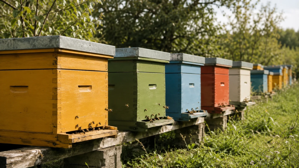 Peindre une ruche : pourquoi, avec quoi et comment protéger le bois Rucher avec des ruches peintes de couleurs différentes pour limiter la dérive des abeilles