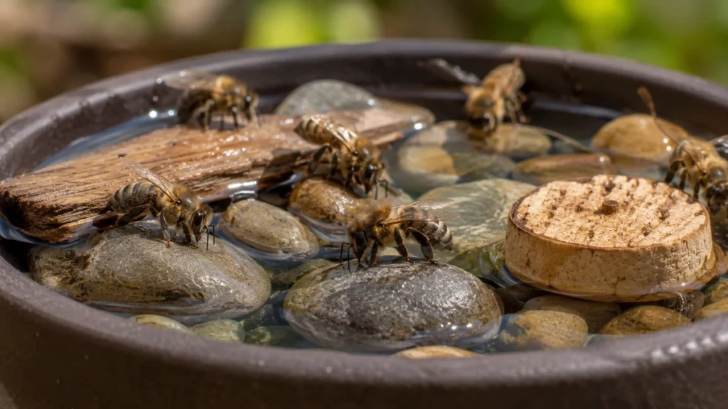 Comment donner à boire aux abeilles ? Abeilles buvant sur des cailloux et supports flottants pour éviter la noyade