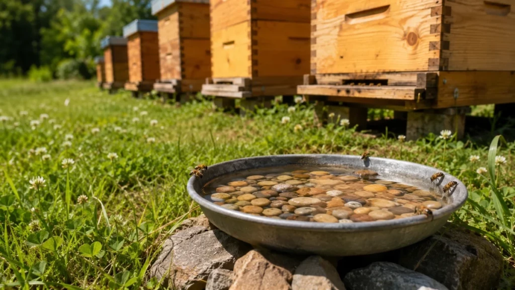 Comment donner à boire aux abeilles ? Abeilles venant boire sur un point d’eau sécurisé installé près d’un rucher