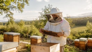 apiculteur observant une hausse avant la récolte du miel d’été