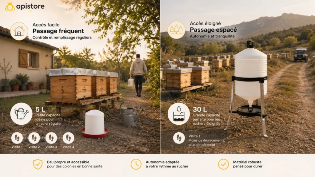Quel abreuvoir pour les abeilles ? Guide pour bien choisir Choix d’un abreuvoir pour abeilles selon la fréquence de passage au rucher, entre modèle 5 L et grande capacité 30 L