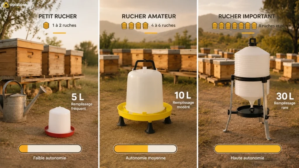 Quel abreuvoir pour les abeilles ? Guide pour bien choisir Comparaison de l’autonomie des abreuvoirs pour abeilles 5 L, 10 L et 30 L selon la fréquence de remplissage