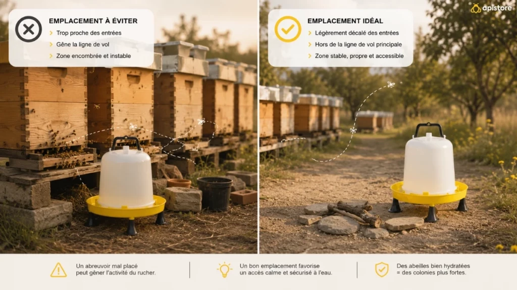 Quel abreuvoir pour les abeilles ? Guide pour bien choisir Comparaison entre mauvais et bon emplacement d’un abreuvoir pour abeilles près du rucher