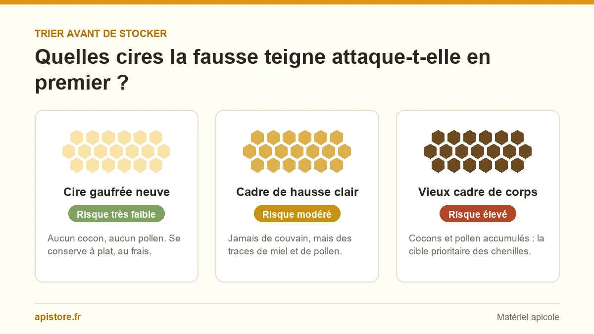 Fausse teigne : comment protéger ses cadres et ses hausses après la récolte Comparatif du risque de fausse teigne selon le type de cire : cire gaufrée neuve, cadre de hausse clair et vieux cadre de corps