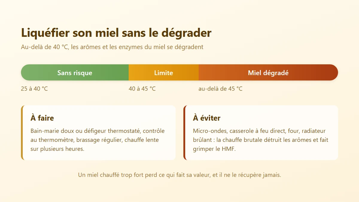 Pourquoi le miel cristallise et comment le liquéfier sans l'abîmer Échelle des températures pour liquéfier un miel cristallisé sans dégrader ses arômes