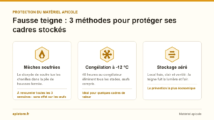 Infographie des 3 méthodes pour protéger les cadres stockés de la fausse teigne : mèches soufrées, congélation à -12 °C et stockage aéré