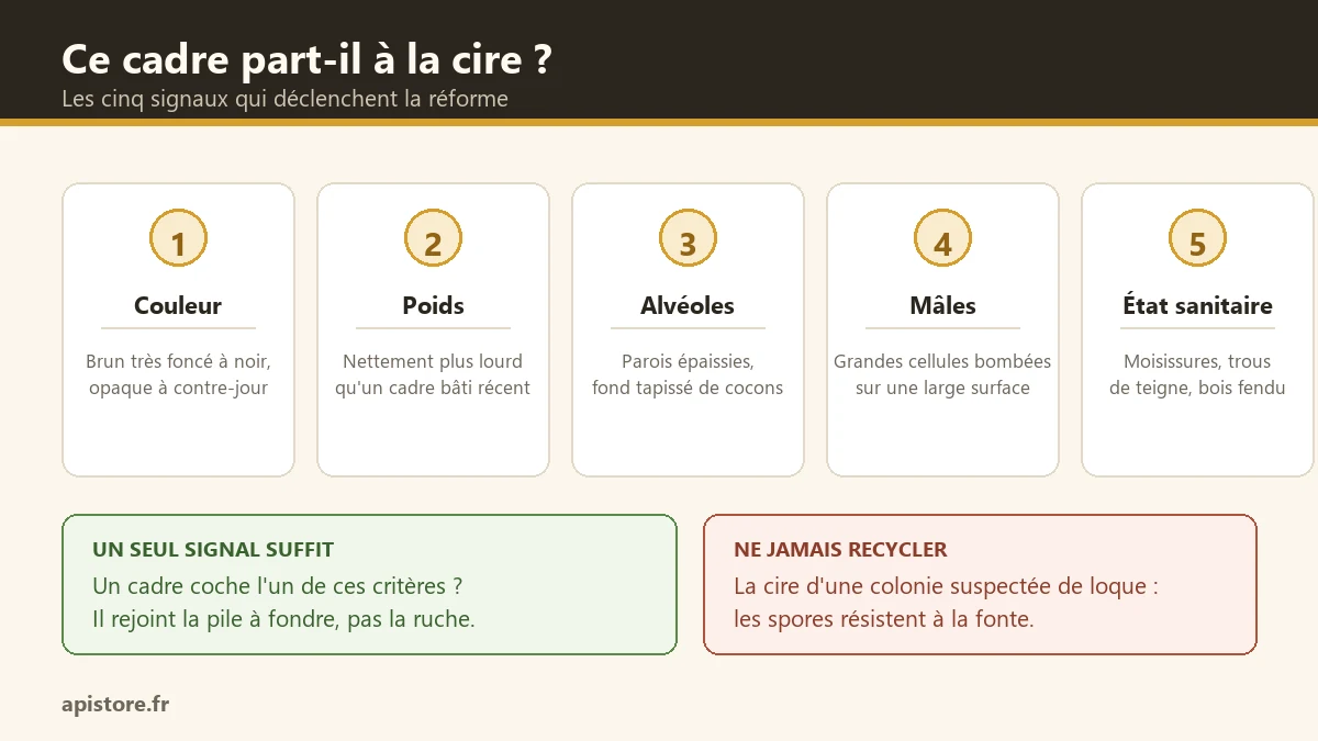 Renouveler ses cadres et recycler la cire après la récolte Les cinq critères pour repérer un cadre de ruche à réformer : couleur, poids, alvéoles épaissies, cellules de mâles et état sanitaire