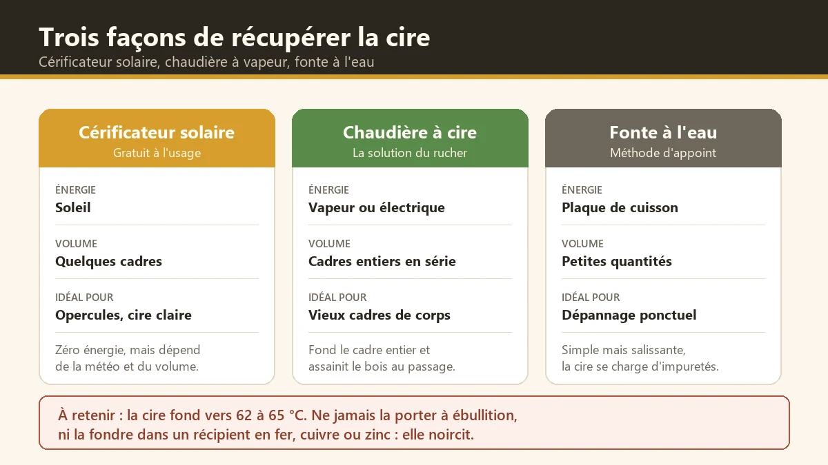 Renouveler ses cadres et recycler la cire après la récolte Comparatif des trois méthodes pour récupérer la cire des cadres : cérificateur solaire, chaudière à cire et fonte à l'eau