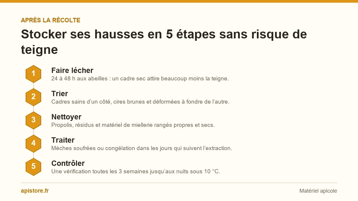 Fausse teigne : comment protéger ses cadres et ses hausses après la récolte Infographie des 5 étapes pour stocker ses hausses après la récolte : faire lécher, trier, nettoyer, traiter et contrôler