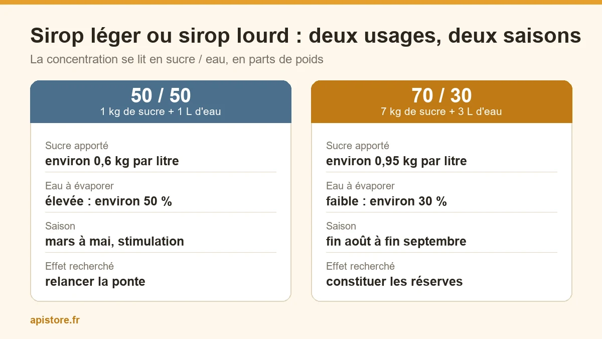 Sirop d'automne : quelle concentration et combien de kilos par ruche ? Comparatif du sirop 50/50 de printemps et du sirop 70/30 d'automne pour les abeilles